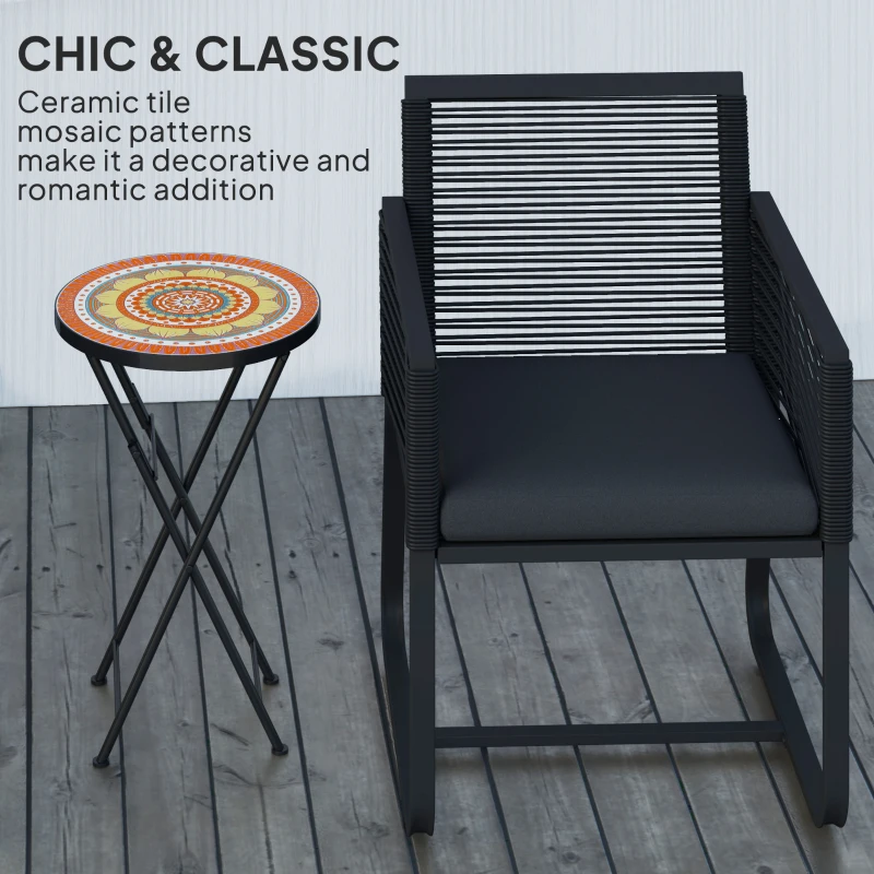 Best Mosaic Outdoor Garden Table, 35.5cm Round Folding Coffee Table with Metal Frame for Balcony Terrace, Orange - Image 4