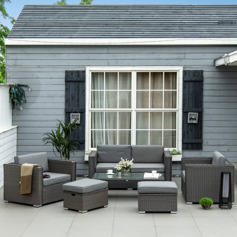 Best 6PC Garden Rattan Sofa Set Bonzer Outdoor Furniture Patio Table Loveseat Stool Lounging Ottoman Aluminium Frame Wicker Weave Conservatory Grey - Image 10