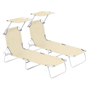 Best 2 Pieces Outdoor Foldable Sun Lounger, 4 Level Adjustable Backrest Reclining Sun Lounger Chair with Angle Adjust Sun Shade Awning for Beach, Garden, Patio, Beige