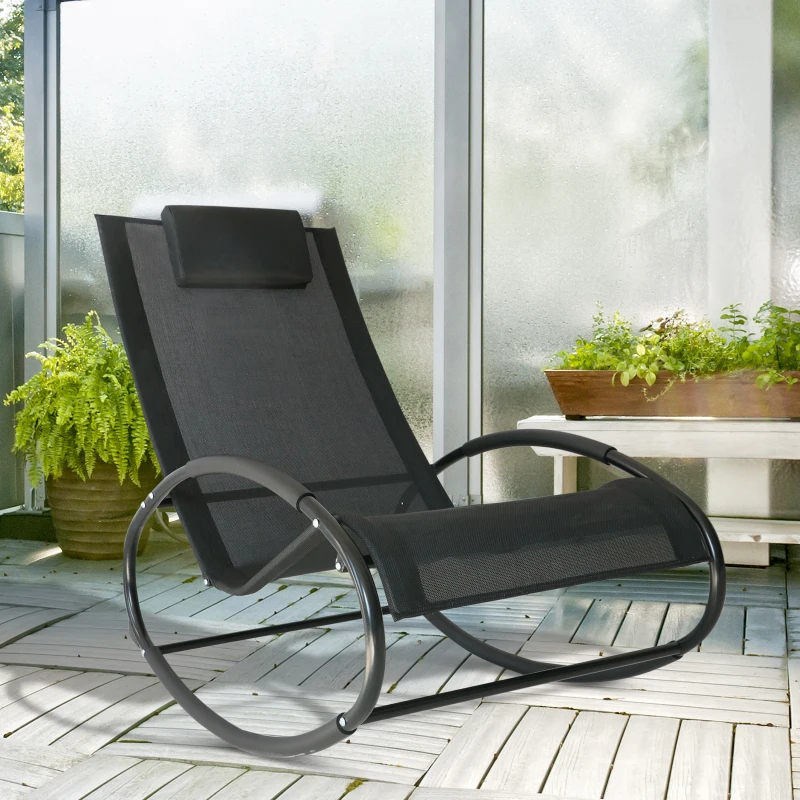 Best Rocking Chair Sun Lounger Recliner Rocker Texteline Fabric Patio Garden Relaxer with Pillow, Black - Image 2