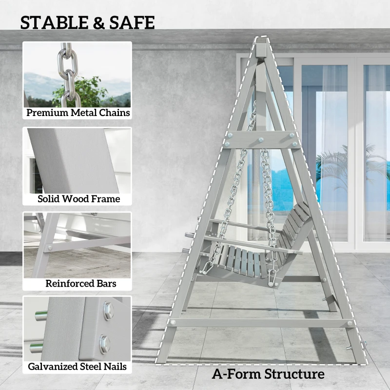 Best 2 Seater Garden Swing Seat, Wooden Swing Chair Bench with Cup Holders for Outdoor Porch Patio, Grey - Image 5