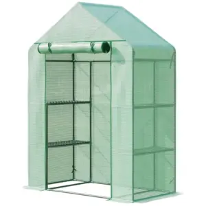 Best Walk In Greenhouse with Shelves, Portable Gardening Plant Grow House for Outdoor with 2 Tier Shelf, Roll-Up Zippered Door, PE Cover, 141 x 72 x 191cm, Green