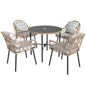 Best 5 Piece Patio Rattan Dining Set, Wicker Garden Table and Chairs w/ Removable Seat & Back Cushions, Round Tempered Glass Tabletop, Parasol Hole, Outdoor Furniture Conservatory Set, Light Brown