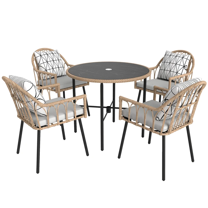 Best 5 Piece Patio Rattan Dining Set, Wicker Garden Table and Chairs w/ Removable Seat & Back Cushions, Round Tempered Glass Tabletop, Parasol Hole, Outdoor Furniture Conservatory Set, Light Brown
