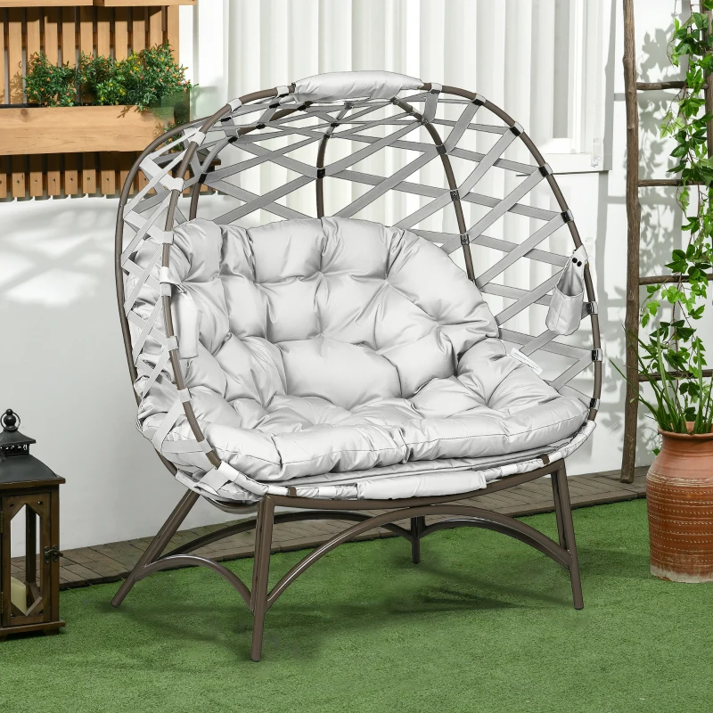 Best 2 Seater Egg Chair Outdoor, Folding Weave Garden Furniture Chair with Cushion, Cup Pockets - Light Grey - Image 2