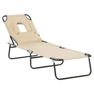 Best Outdoor Folding Sun Lounger with Face Hole, 4 Level Adjustable Backrest Reclining Garden Lounger, Garden Recliner Sunbed with 600 D Oxford Cloth Seat and Pillow for Beach, Beige