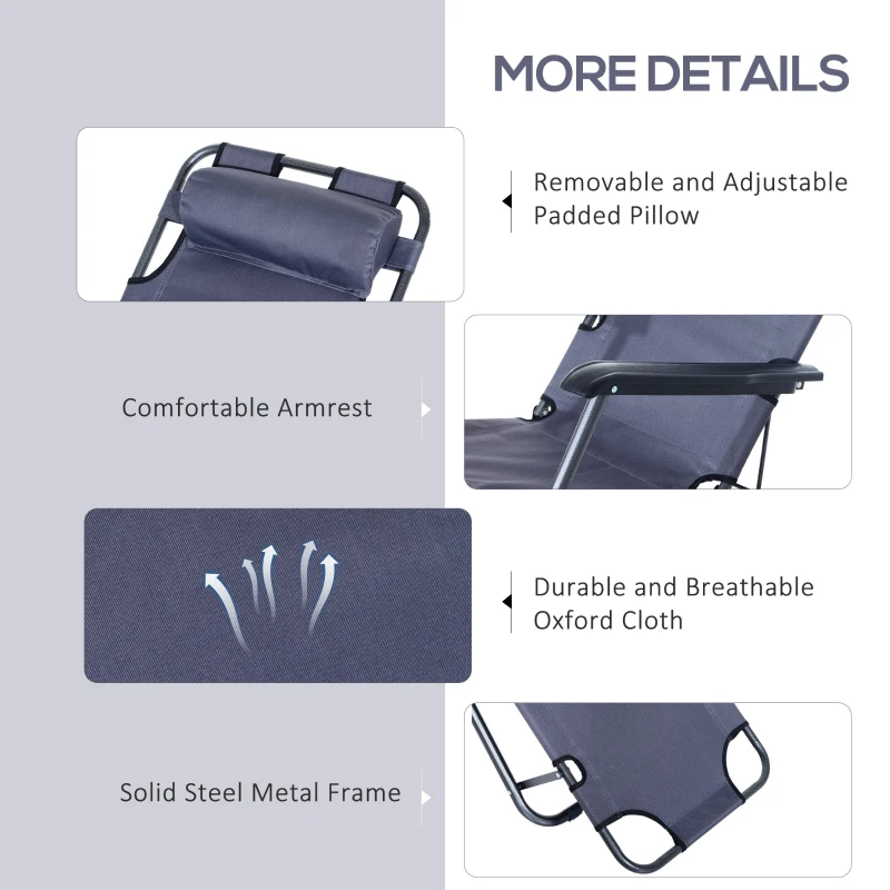 Best 2 Pieces 2 in 1 Sun Lounger Folding Reclining Chair Garden Outdoor Camping Adjustable Back with Pillow, Grey - Image 6