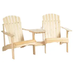 Best Wooden Outdoor Double Adirondack Chairs Loveseat w/ Centre Table and Umbrella Hole, Garden Patio Furniture for Lounging and Relaxing, Natural
