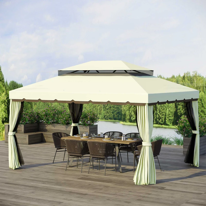 Best 4 x 3 m Aluminum Garden Gazebo, Double Roof Outdoor Gazebo Canopy Shelter with Netting & Curtains for Garden, Lawn, Backyard and Deck, Cream - Image 2