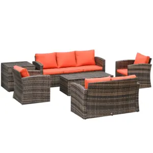Best 6 Pieces Rattan Garden Furniture Set, 7 Seater Wicker Outdoor Furniture Set with Storage Tea Table & Side Table, Sectional Garden Sofa Set with Cushions, Orange