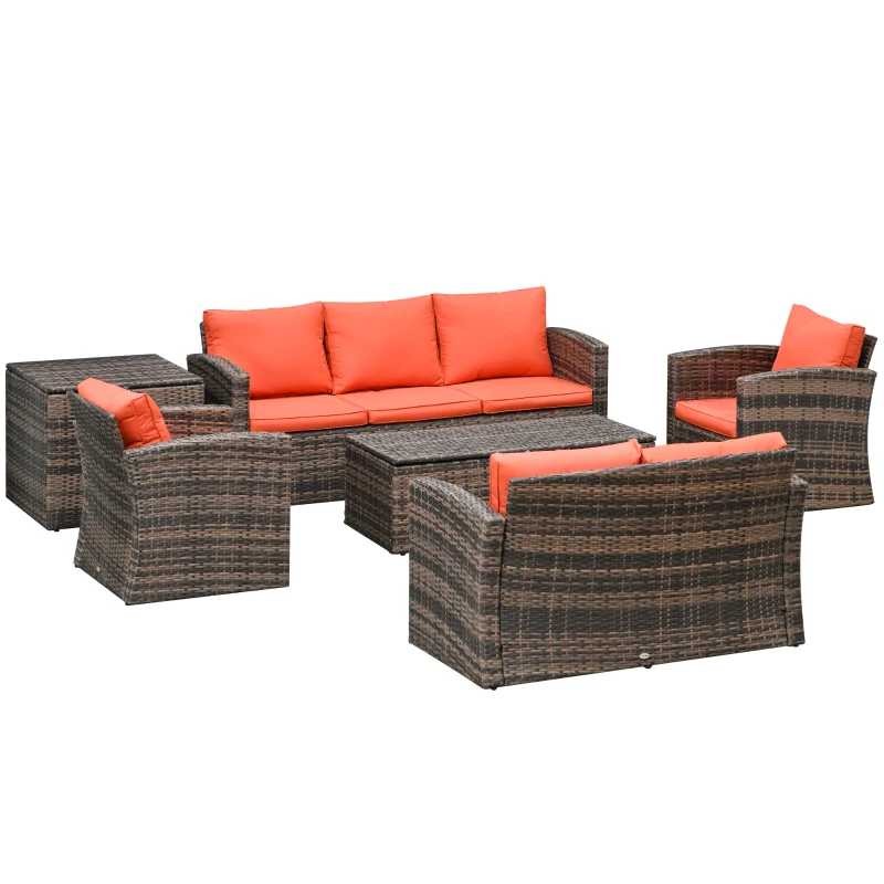 Best 6 Pieces Rattan Garden Furniture Set, 7 Seater Wicker Outdoor Furniture Set with Storage Tea Table & Side Table, Sectional Garden Sofa Set with Cushions, Orange