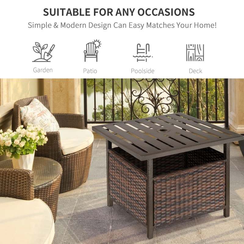 Best Rattan Garden Coffee Table, 55.5 cm Square Wicker Patio Side Coffee Table with 4 cm Umbrella Hole, Metal Bottom and Slatted Top for Outdoor, Balcony, Brown - Image 5