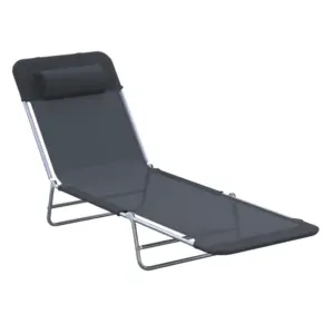 Best Outdoor Foldable Sun Lounger, Adjustable Backrest Garden Recliner Sun Lounger Chair with Headrest Pillow, Black