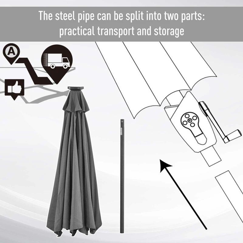 Best Φ2.7m Garden 24 LED Light Parasol Solar Outdoor Tilt Sun Umbrella Patio Club Party Event Manual Sun Shade w/ Hand Crank and 8 Ribs, Grey - Image 5