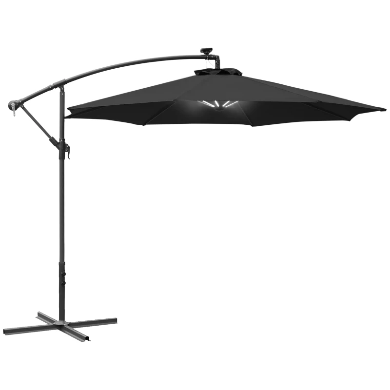 Best 3m LED Patio Banana Umbrella Cantilever Parasol w/ Crank Cross Base Hanging Offset Umbrella Frame Steel Aluminium Garden Table Outdoor Black