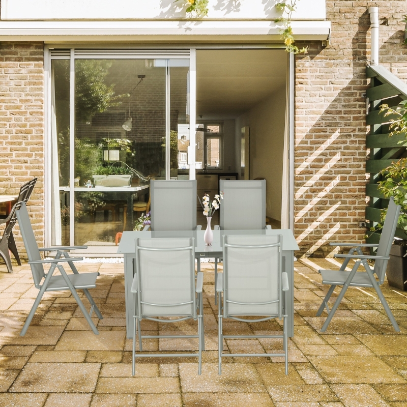 Best 7 Piece Garden Dining Set, Outdoor Table and 6 Folding and Reclining Chairs, Aluminium Frame, Tempered Glass Top Table, Texteline Seats, Grey - Image 10
