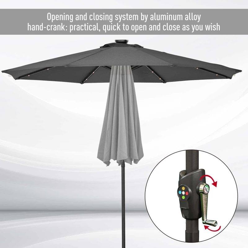 Best Φ2.7m Garden 24 LED Light Parasol Solar Outdoor Tilt Sun Umbrella Patio Club Party Event Manual Sun Shade w/ Hand Crank and 8 Ribs, Grey - Image 6