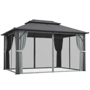 Best 3 x 4m Hardtop Gazebo Canopy with UPF30+ Double Polycarbonate Roof, Aluminium Frame Garden Gazebo Permanent Pavilion with Mosquito Netting and Curtains for Patio, Deck, Grey