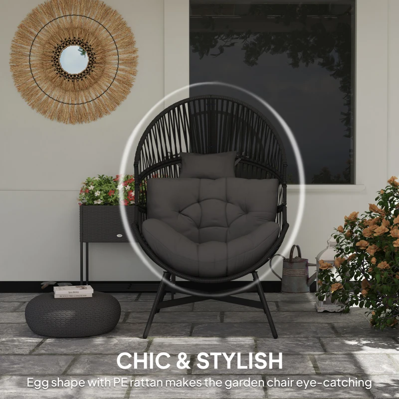 Best Rattan Egg Chair, Oversized Freestanding Garden Egg Chair with Thick Tufted Cushion, Headrest, Steel Frame for Indoor and Outdoor Use, Charcoal Grey - Image 4