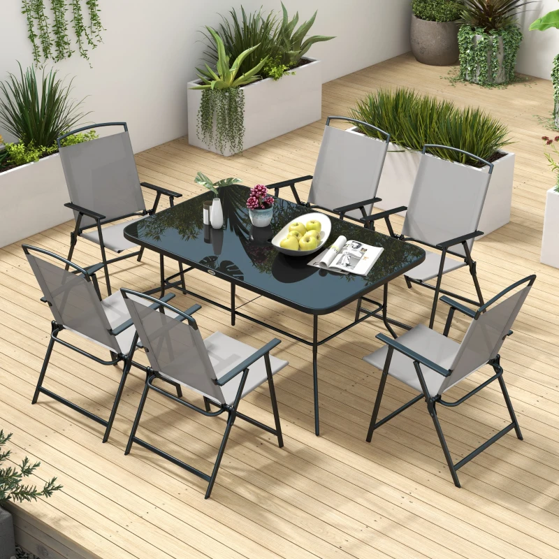 Best Seven-Piece Garden Dining Set, with Glass-Top Table and Folding Chairs - Grey - Image 7