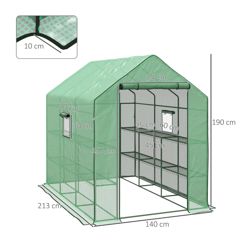 Best Walk-in Greenhouse with 3 Tier 12 Shelves, Small Greenhouse with Reinforced PE Cover, Garden Plant Growhouse with Roll-up Door and Three Mesh Windows, 140 x 213 x 190 cm, Green - Image 3