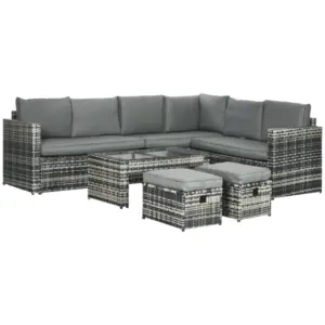 Best 6 Piece Rattan Garden Furniture Set, 8-Seater Outdoor Sofa Sectional with 3 Cushioned Loveseat 2 Footstools Table Grey