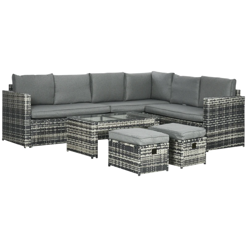 Best 6 Piece Rattan Garden Furniture Set, 8-Seater Outdoor Sofa Sectional with 3 Cushioned Loveseat 2 Footstools Table Grey