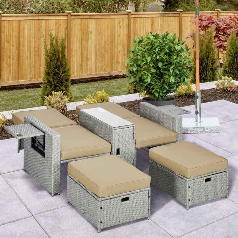 Best 5PC PE Rattan Sun Lounger, Outdoor Wicker 5-level Adjustable Recliner Sofa Bed with Storage Side Table and Footstools, for Patio, Garden, Poolside, Beige - Image 10