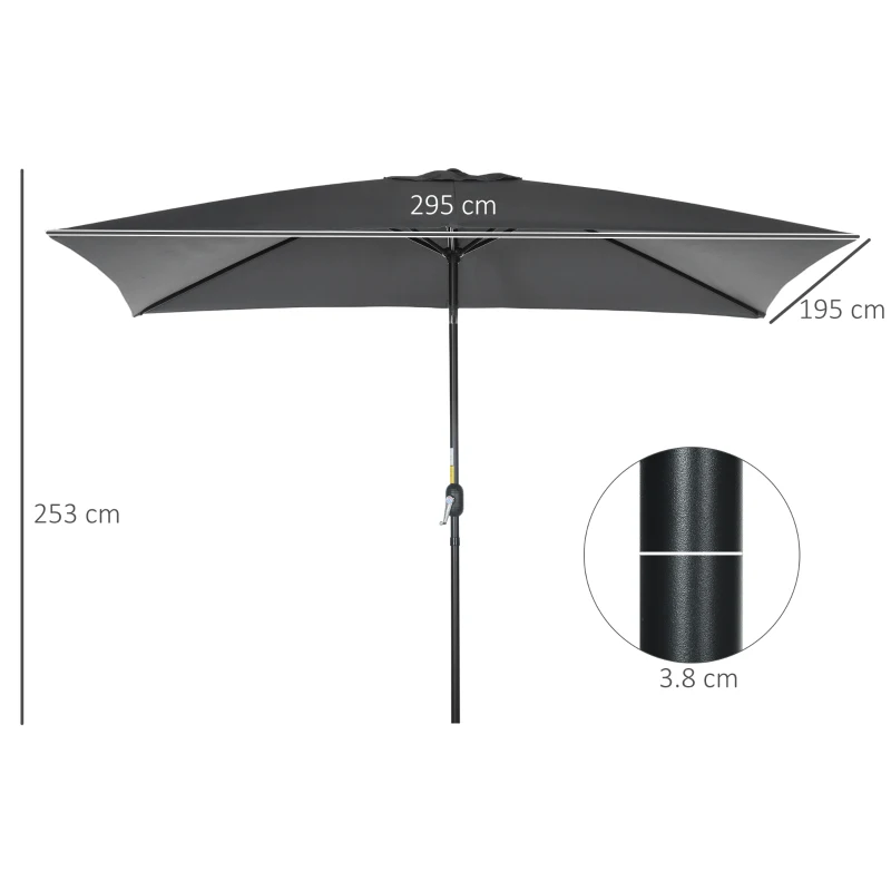 Best 3x2m Patio Parasol Garden Umbrellas Canopy with Aluminium Tilt Crank Rectangular Sun Shade Steel, Black - Image 3