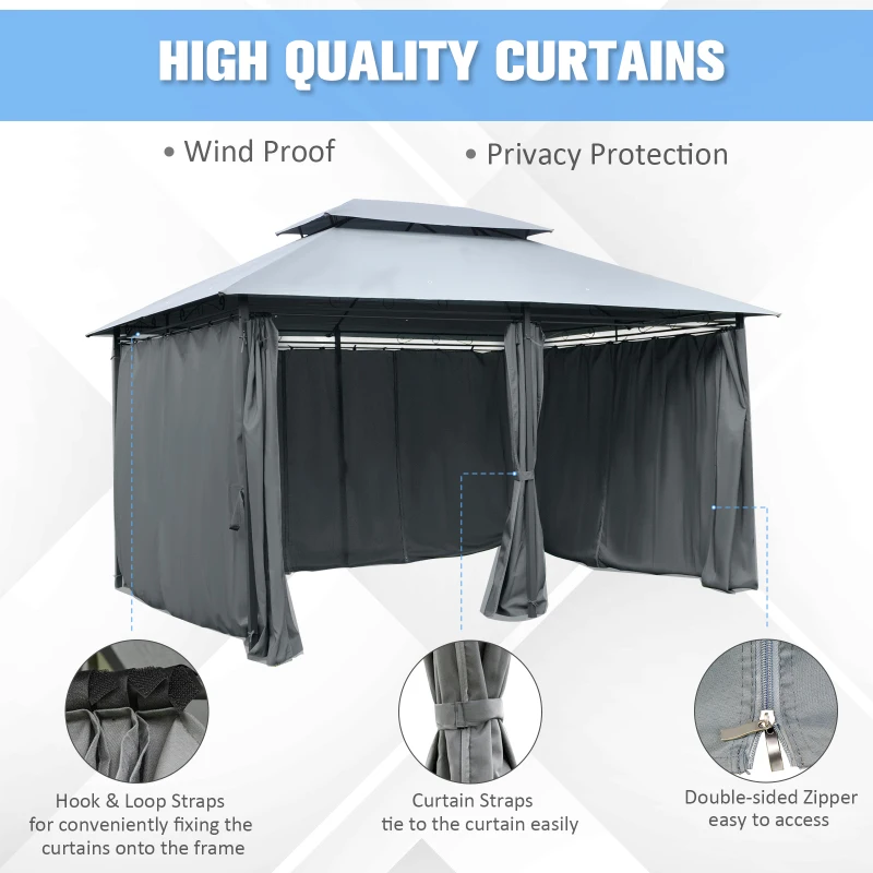 Best 4m x 3(m)Garden Gazebo, Double Roof Outdoor Gazebo Canopy Shelter with Curtains, Solid Steel Frame for Lawn and Deck, Grey - Image 5