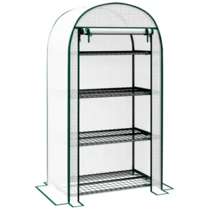 Best 4 Tier Mini Greenhouse for Outdoor, Portable Gardening Plant Green House with Storage Shelf, Roll-Up Zipped Door, Metal Frame and PE Cover, 80 x 49 x 160cm, White