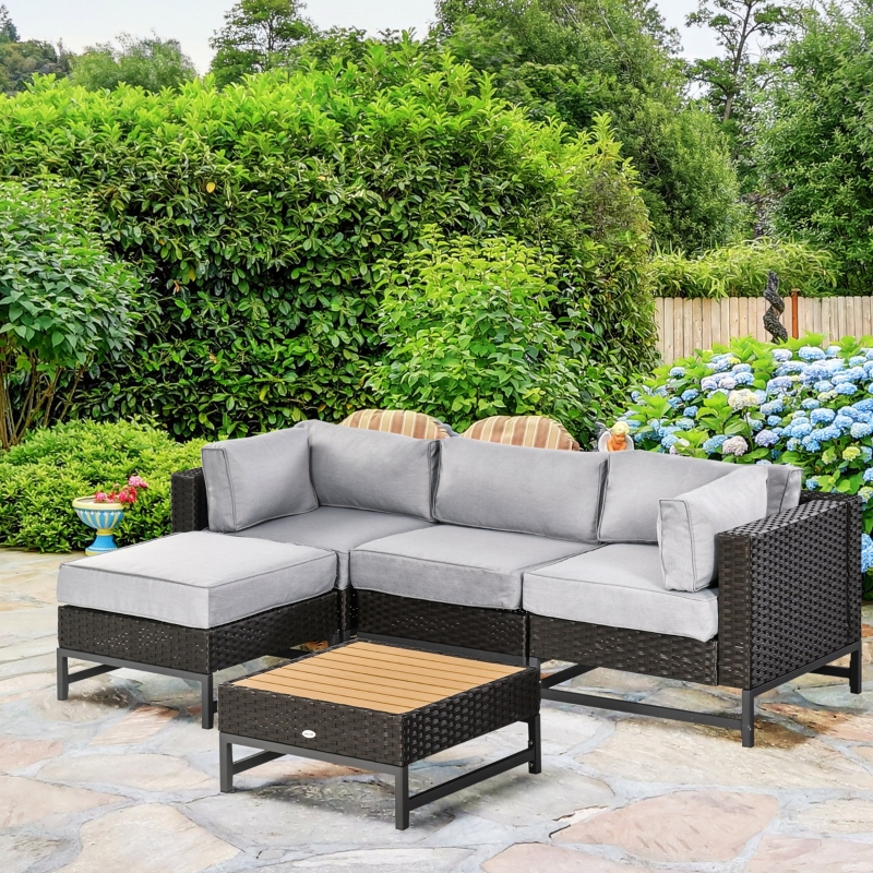 Best 5 Piece Outdoor PE Rattan Corner Sofa Set with Cushions, Wicker Rattan Garden Furniture with Wood-Effect Top Table, Brown - Image 10