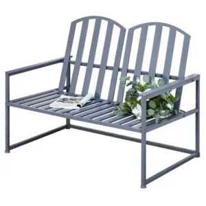 Best Steel Patio Garden Bench Loveseats for Outdoors Park Yard Slatted Design Grey