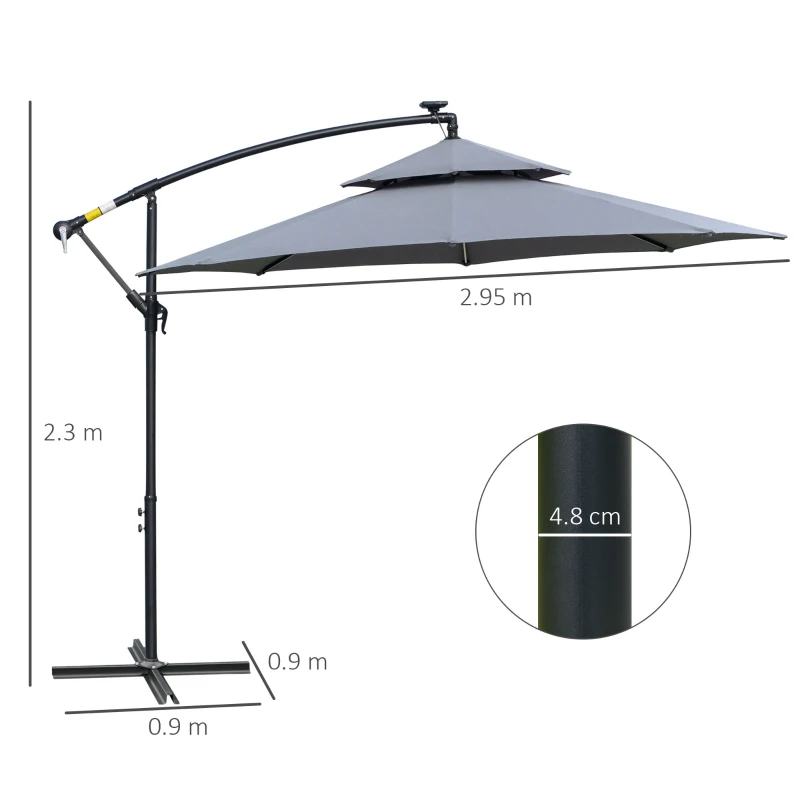 Best 3(m) Cantilever Banana Parasol Hanging Umbrella with Double Roof, LED Solar lights, Crank, 8 Sturdy Ribs and Cross Base for Outdoor, Garden, Patio, Grey - Image 3