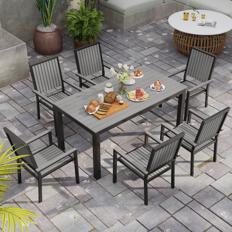 Best 6 Seater Garden Dining Set with Stackable Chairs, Aluminium Frame, Rectangular Plastic Top, Garden Furniture Set, Outdoor Dining Table and Chairs for Patio, Balcony, Poolside, Grey - Image 7