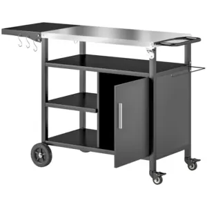 Best Outdoor BBQ Trolley with Foldable Side Table, Stainless Steel Top, Outdoor Kitchen with Wheels Hooks Shelves Cabinet, Pizza Oven Table Movable Outdoor Grill Dining Cart with Cover, Black