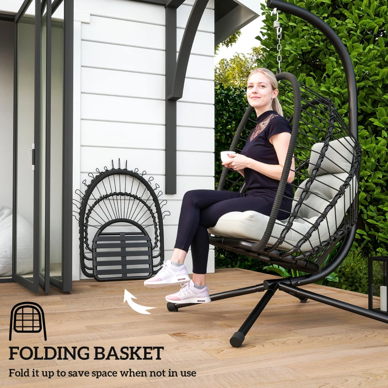 Best Outdoor PE Rattan Swing Chair with Foldable Basket and Cushion, Garden Patio Hanging Egg Chair with Metal Stand, Headrest for Indoor and Outdoor, Black - Image 5