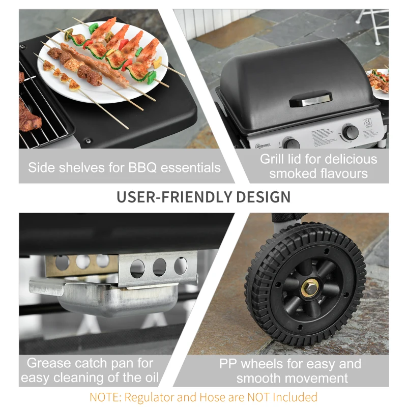 Best 2 Burner Gas BBQ Trolley with Lid, 5.6 kW Gas Barbecue Grill with Wheels, Side Shelves, Black - Image 6