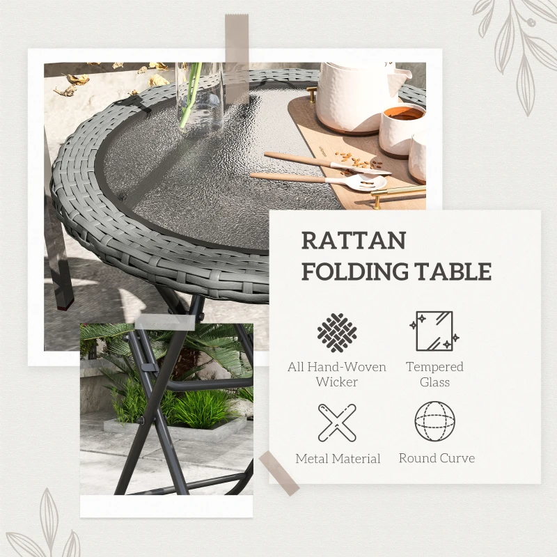 Best Folding Rattan Garden Dining Table, 68 cm Round Rattan Garden Table with Water Ripple Tempered Glass Top, Wicker Edging and Steel Frame for Outdoor, Patio, Grey - Image 4