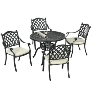 Best Cast Aluminium 4 Seater Outdoor Dining Set with Cushions Parasol Hole Black