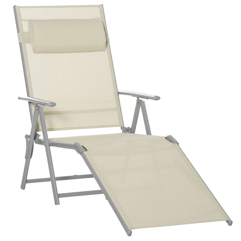 Best Steel Fabric Sun Lounger Outdoor Folding Chaise Lounge Chair Recliner with Portable Design & 7 Adjustable Backrest Positions - Beige