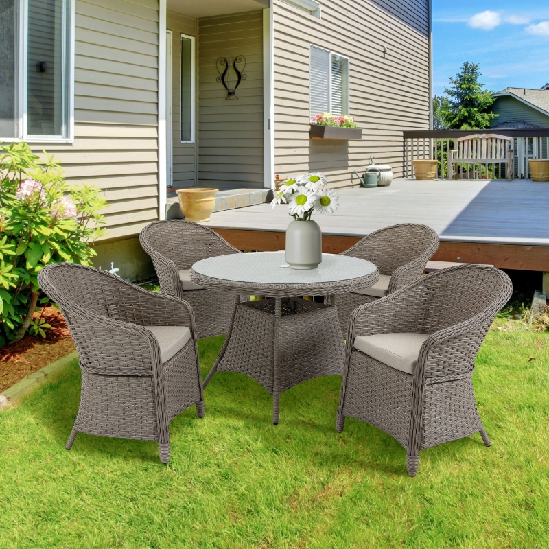Best 4 Seater Rattan Garden Furniture Set with Cushions, Round PE Rattan Dining Set with Glass-Top Table, Umbrella Hole, Outdoor Garden Table and Chairs, Mixed Grey - Image 10