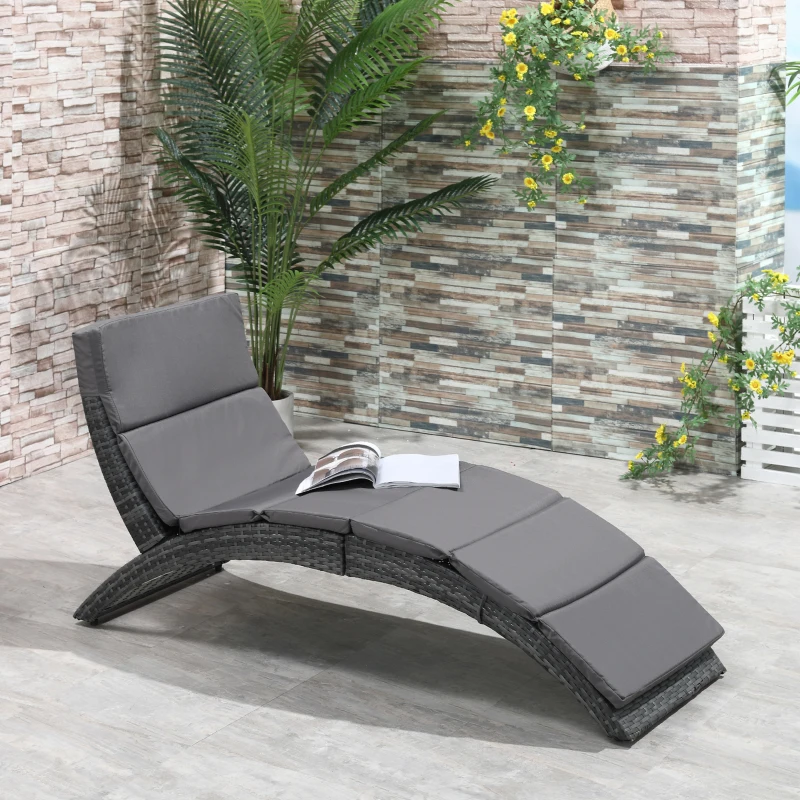 Best Outdoor Foldable PE Rattan Sun Lounger with Soft Padded Cushion, Ergonomic Curved Design Sun Bed for Balcony, Garden, Grey - Image 2