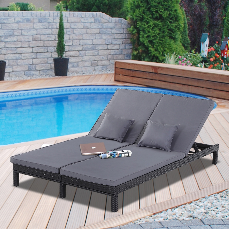 Best 2 Seater Rattan Lounger Adjustable Double Chaise Chair Loveseat w/ Cushion Black - Image 10