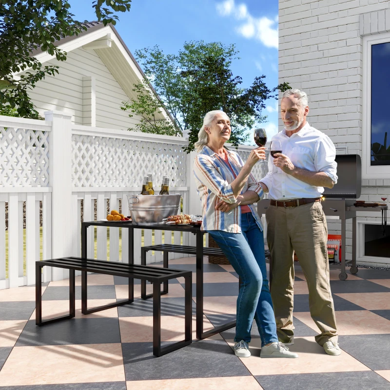 Best 3 Pieces Picnic Bench Set with Table and 2 Benches, Slated Design Dining Trestle Beer Table and Seat, Black - Image 2