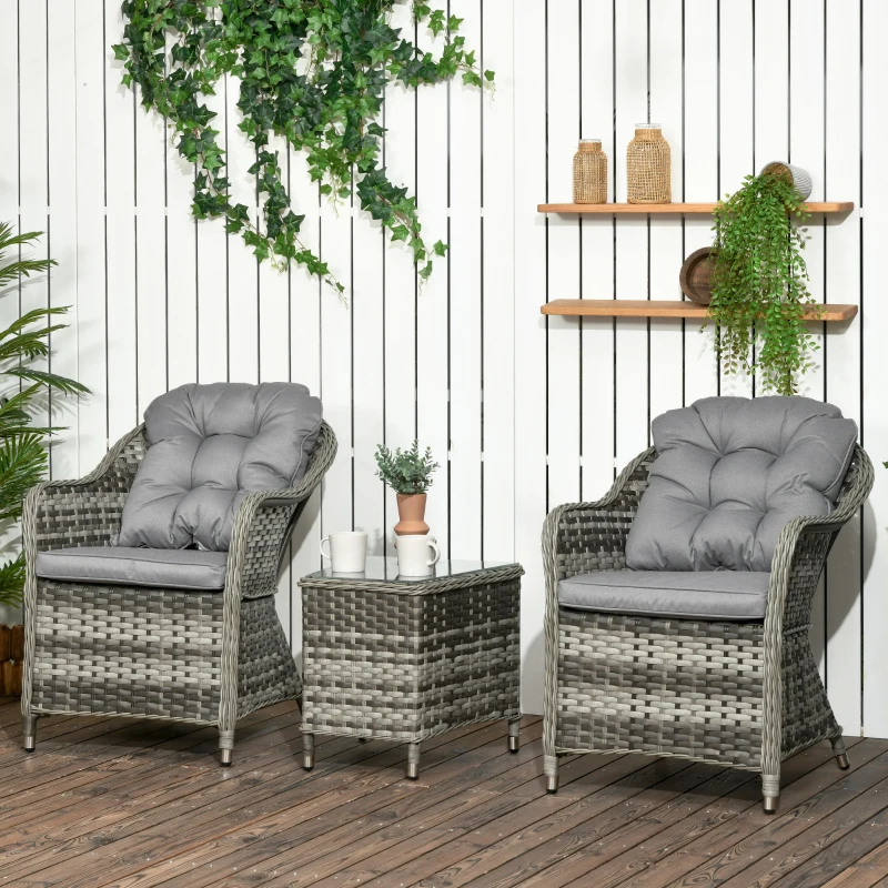 Best 3 Pieces Rattan Bistro Set, Wicker Garden Bistro Set, Glass Top Balcony Table and Chairs with Cushions for Outdoor, Patio, Balcony, Grey - Image 2