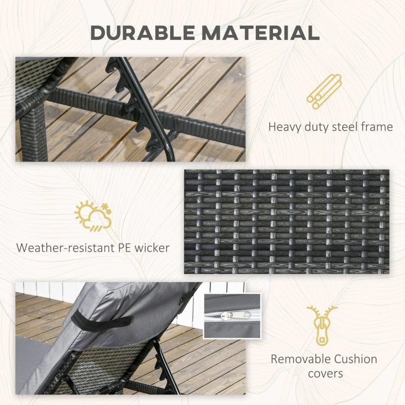 Best Set of Two Reclining Rattan Sun Loungers, with Cushions - Grey - Image 7