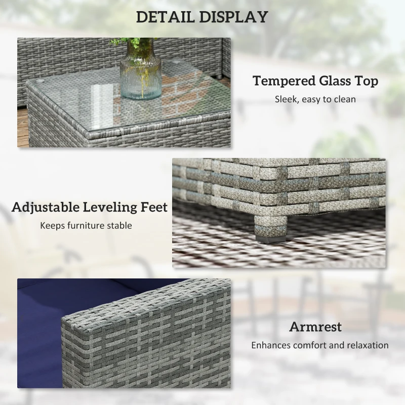 Best 3 Pieces PE Rattan Garden Furniture Set with 10 cm Thick Cushions, 4 Seater Garden Corner Sofa Set with Glass Top Coffee Table, Outdoor Furniture for Patio, Porch, Blue - Image 6