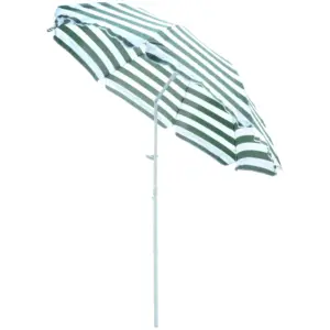 Best 1.8m Beach Parasol Umbrella with Tilt Canopy, Lightweight Patio Garden Sunshade with 8 Ribs, Green & White Stripe