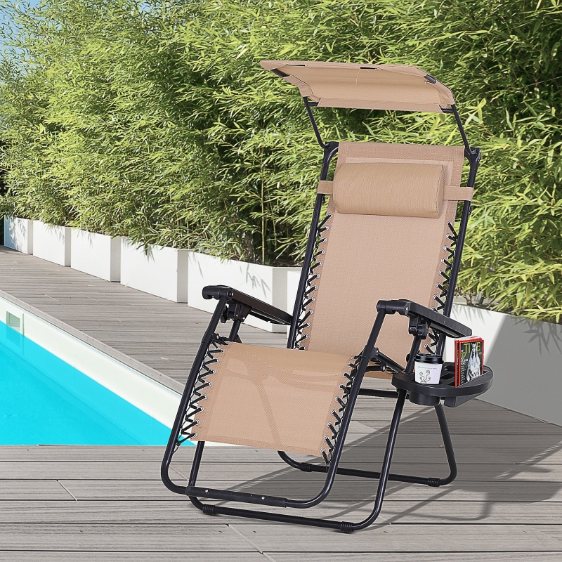 Best Foldable Reclining Garden Chair with Headrest, Zero Gravity Deck Sun Lounger Seat Chair with Footrest, Armrest, Cup Holder & Canopy Shade, Beige - Image 12